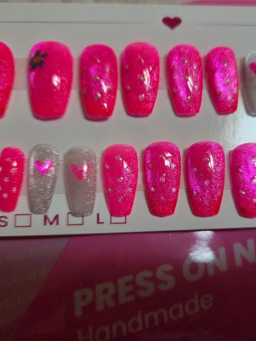 Neon Pink Press-On Nail Set with Accent Hearts And Flowers